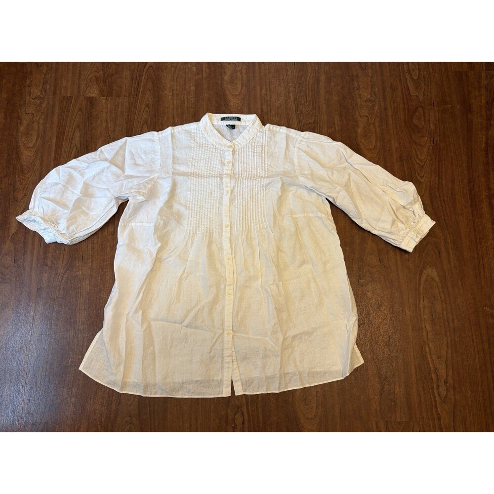 Lauren Ralph Lauren White 100% Linen Pleated Henley Blouse 3/4 Sleeve - Size 1X